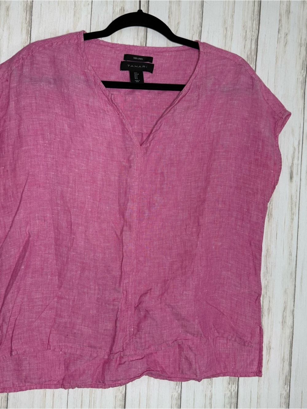 Tahari Pink Linen Blend V-Neck Women's Top